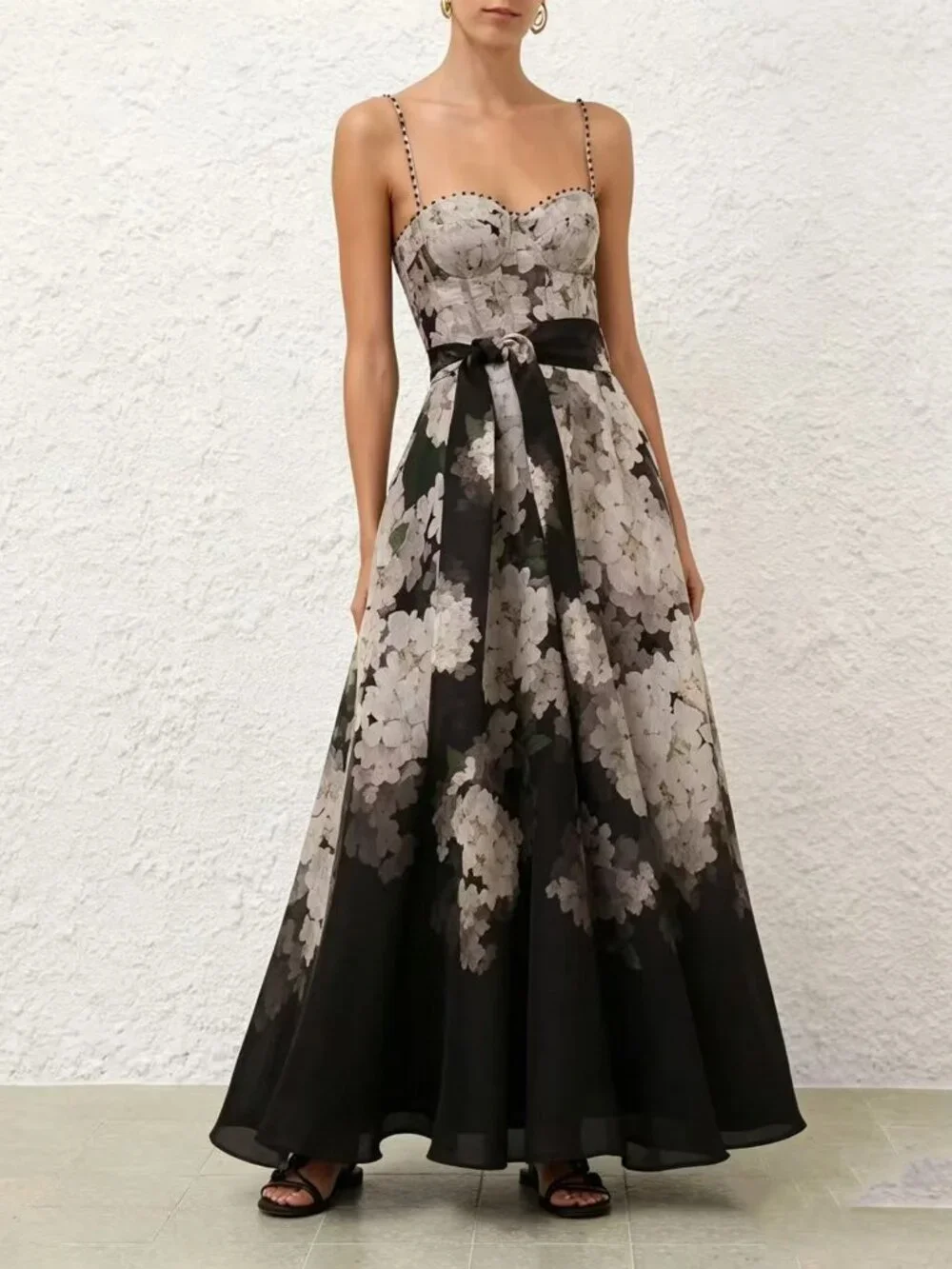 Black Floral Sweetheart Corset Maxi Evening Dress with Sash - Picture 2 of 7